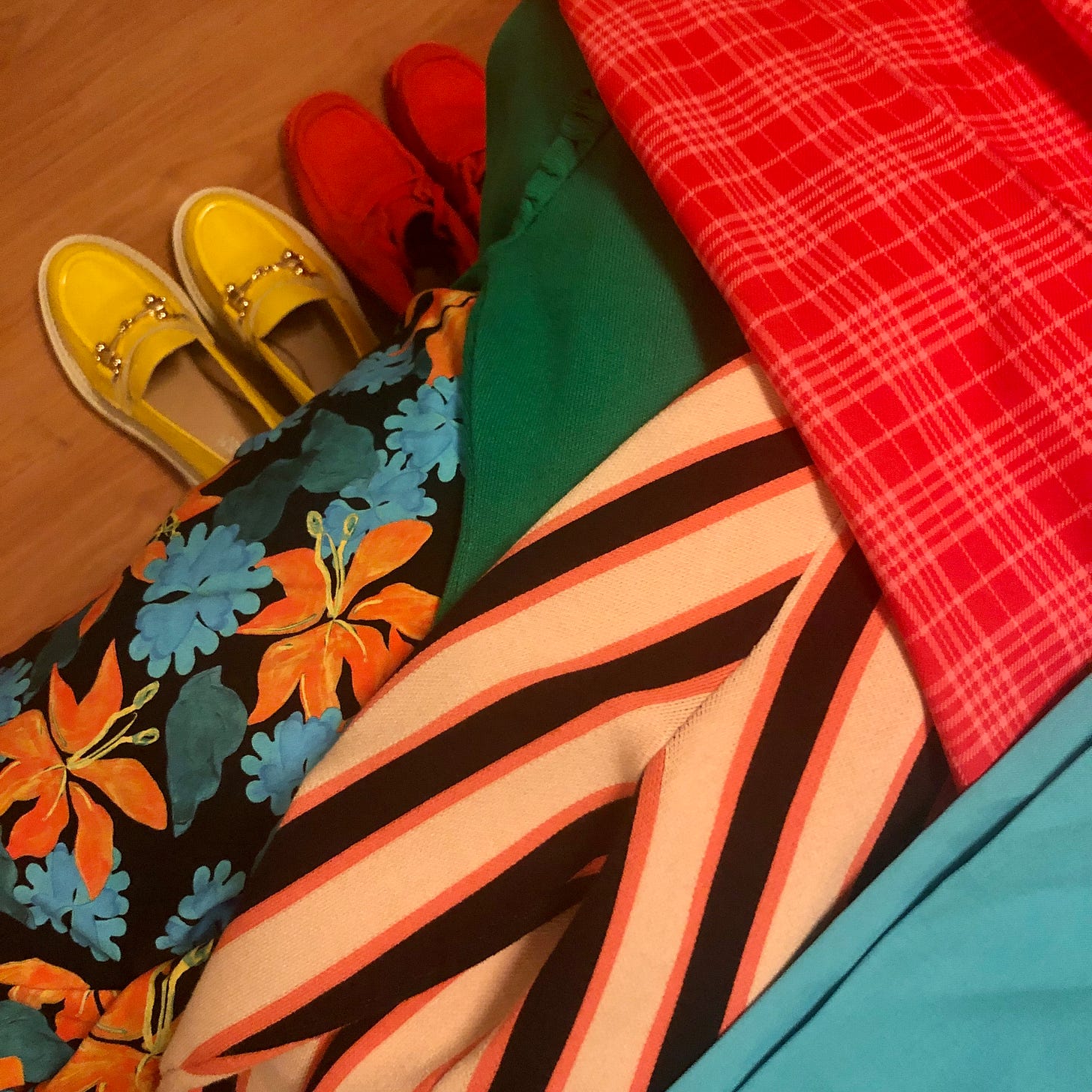 Brightly coloured shoes and clothes