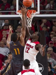 Mangok Mathiang with the block against Southern Mississippi - Courtesy University of Louisville