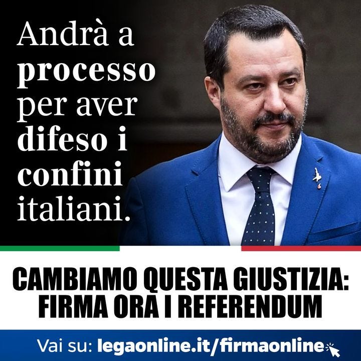 Lega - Salvini Premier on Twitter: "MATTEO SALVINI ANDRÀ A PROCESSO PER  AVER DIFESO I CONFINI ITALIANI Aiutaci a cambiare la giustizia. Firma  online i referendum: https://t.co/L9CwrFoOmj https://t.co/5qtpT5OZCK" /  Twitter