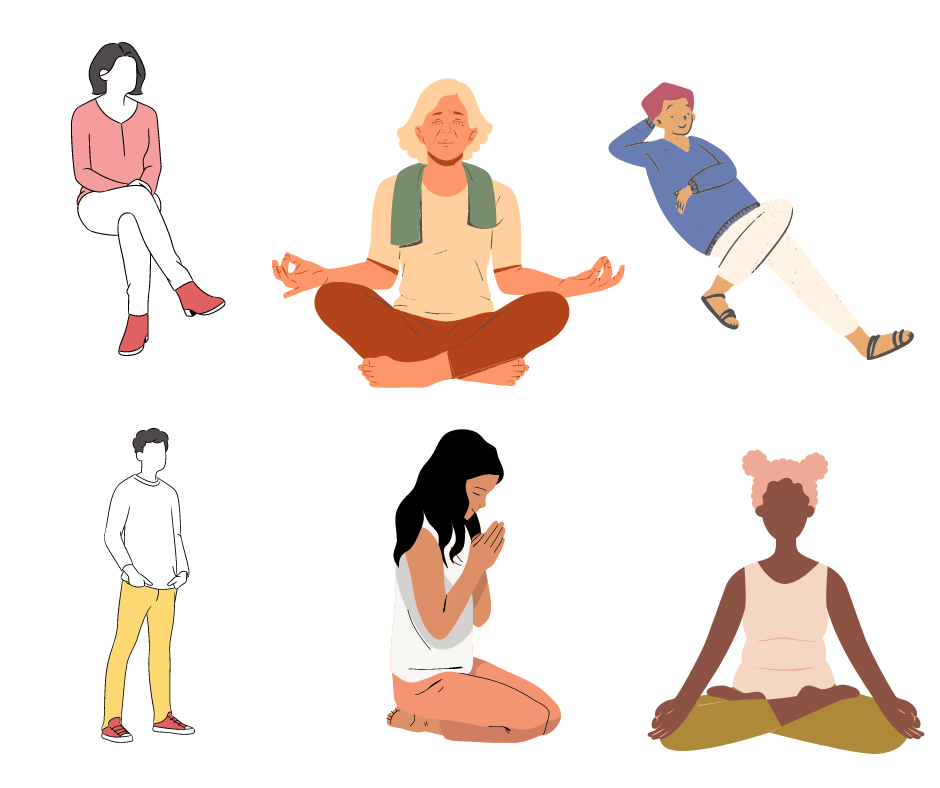 The picture sows various poses like sitting, standing, lying, praying, in meditation etc