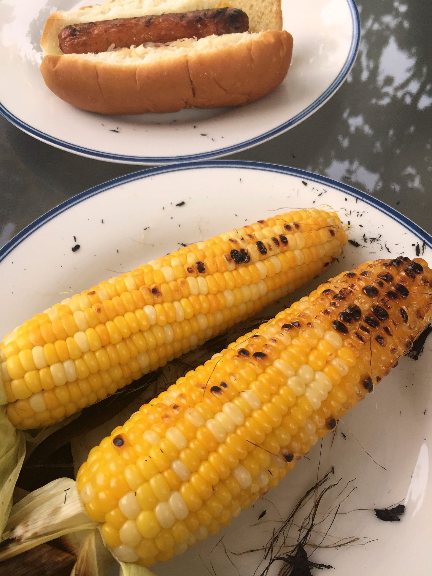 In the foreground, a plate of two ears of grilled corn, blackened in places, the charred husks peeled back at the bottom. Behind it is another plate with a hot dog in a bun.