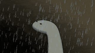 Imagem animada do logo do Deno, um dinossauro na chuva