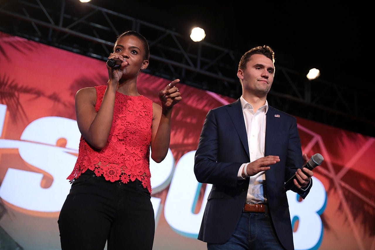 Candace Owens and Charlie Kirk speaking with attendees at the 2018 Student Action Summit hosted by Turning Point USA at the Palm Beach County Convention Center in West Palm Beach, Florida