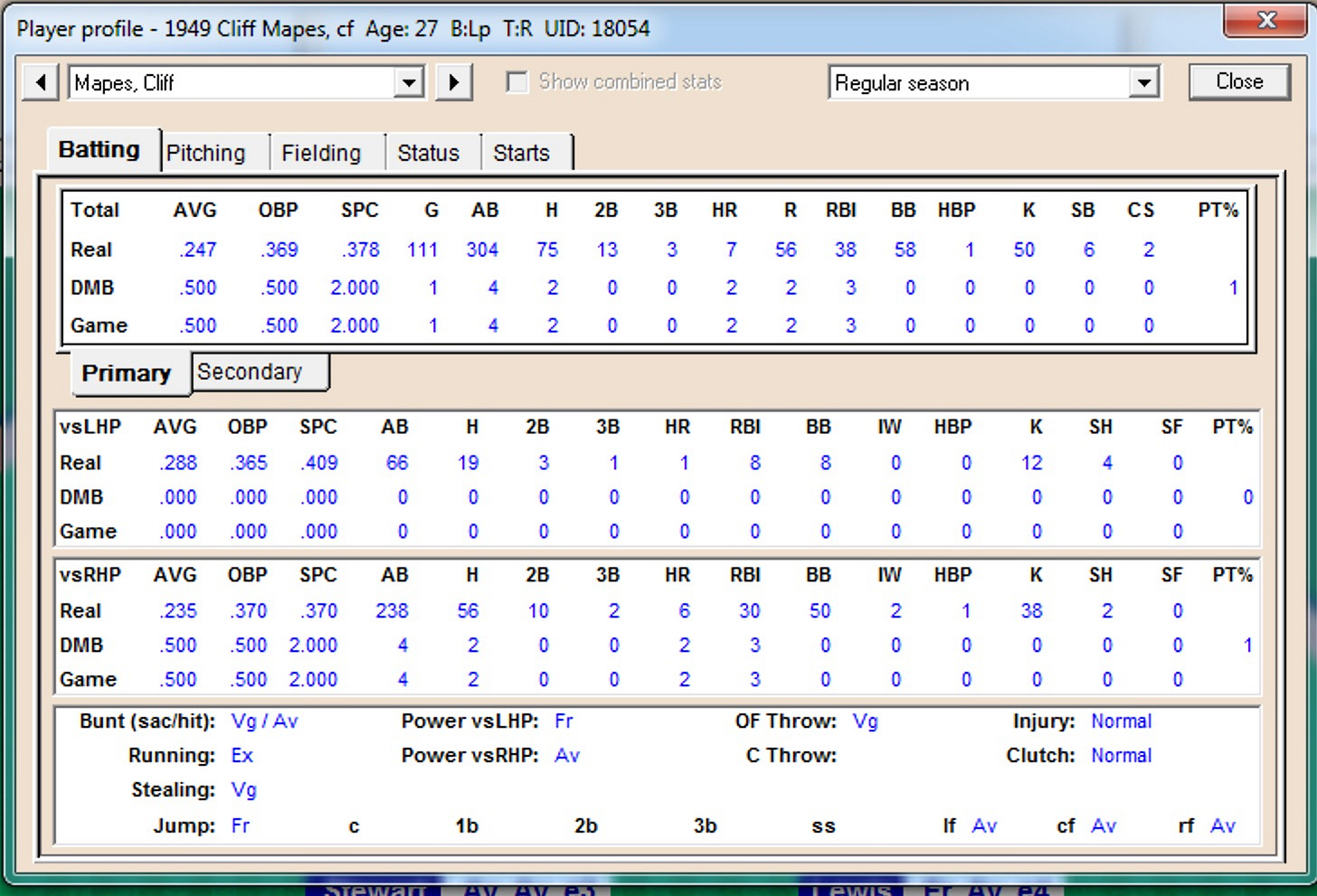 Diamond Mind Baseball 1949 Cliff Mapes