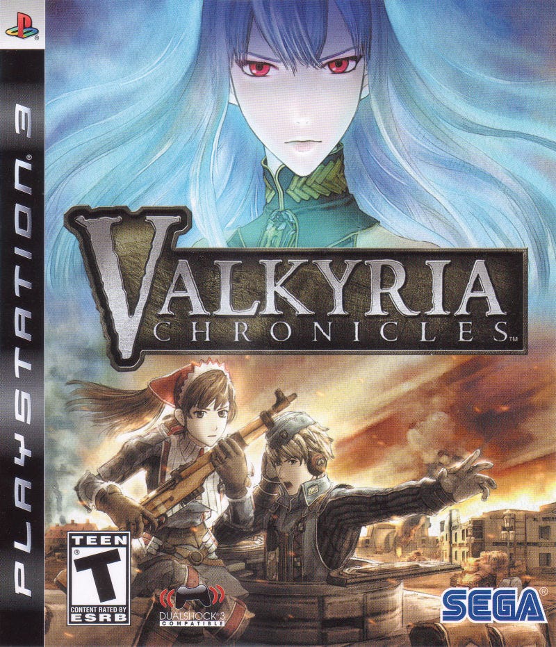 The original Playstation 3 box art for Valkyria Chronicles, featuring two of the game's primary characters in action shots at the bottom, as well as the Valkyria in question looming over them at the top, above the logo.