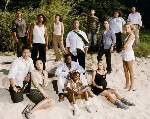 A promotional photograph for Season 1 of LOST, showing everyone in the main cast posed on the beach.