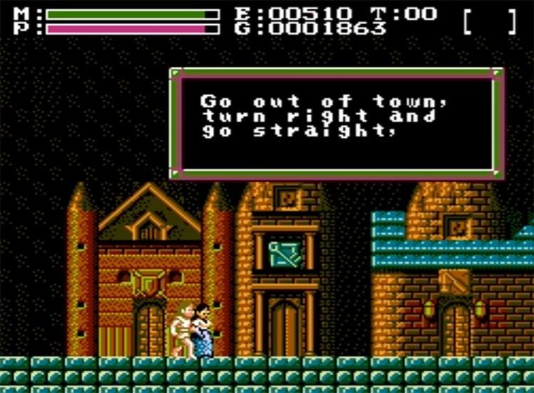 A screenshot of Faxanadu's protagonist speaking to a townsperson giving directions for your next destination.