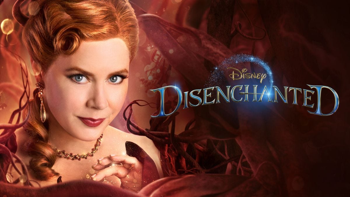 Giselle be looking fire as a villain. Erm, Amy Adams posing as the evil stepmother next to the title "Disenchanted."