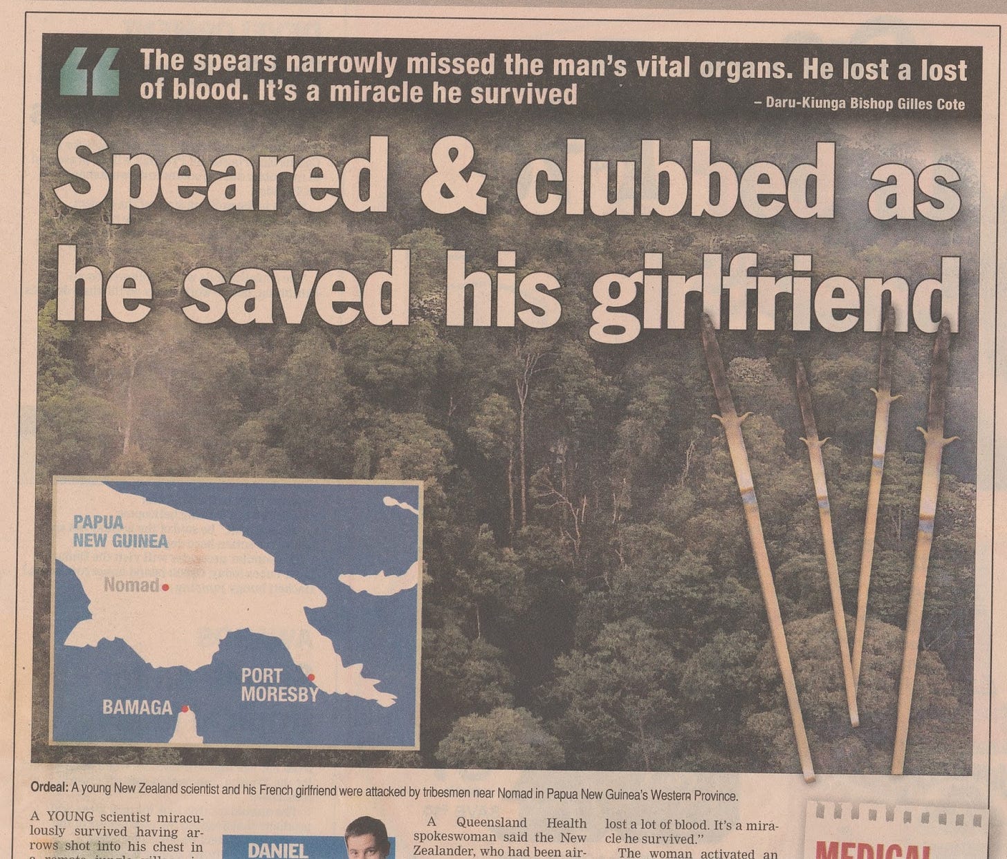 Headline: "Speared and Clubbed as he saved his girlfriend"