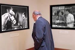 Man looking at photographs in a museum.