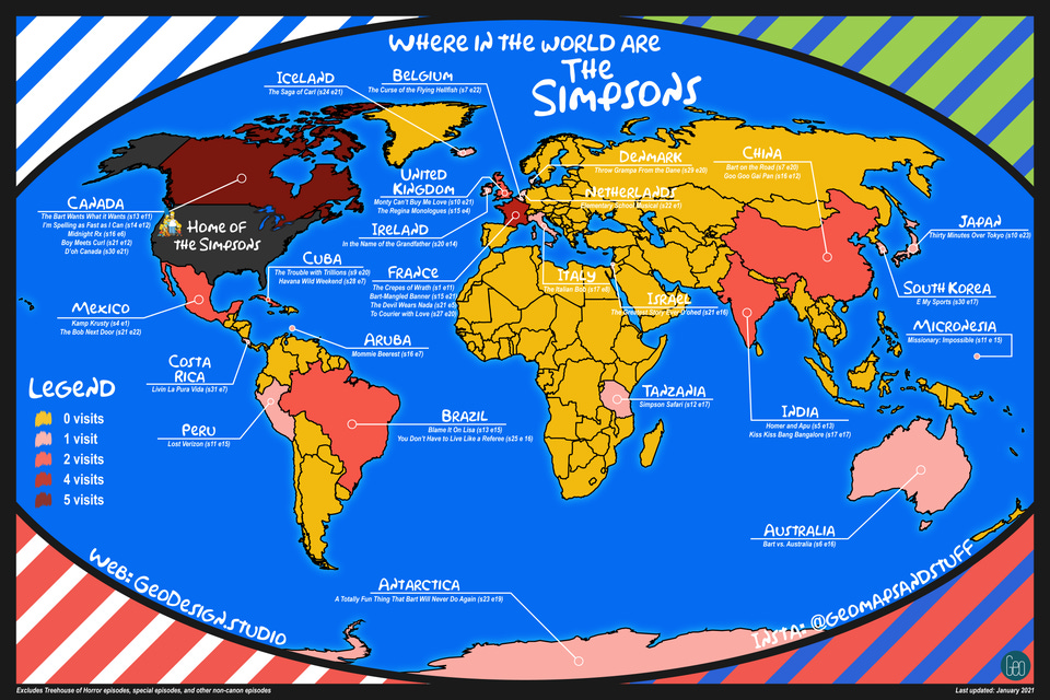 r/dataisbeautiful - [OC] Every country ever visited by The Simpsons over its 30+ seasons (with corresponding episodes)