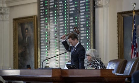 Dade Phelan, Republican Texas house speaker, brings down his gavel after amassing enough members to make a quorum Thursday at the capitol in Austin, Texas.