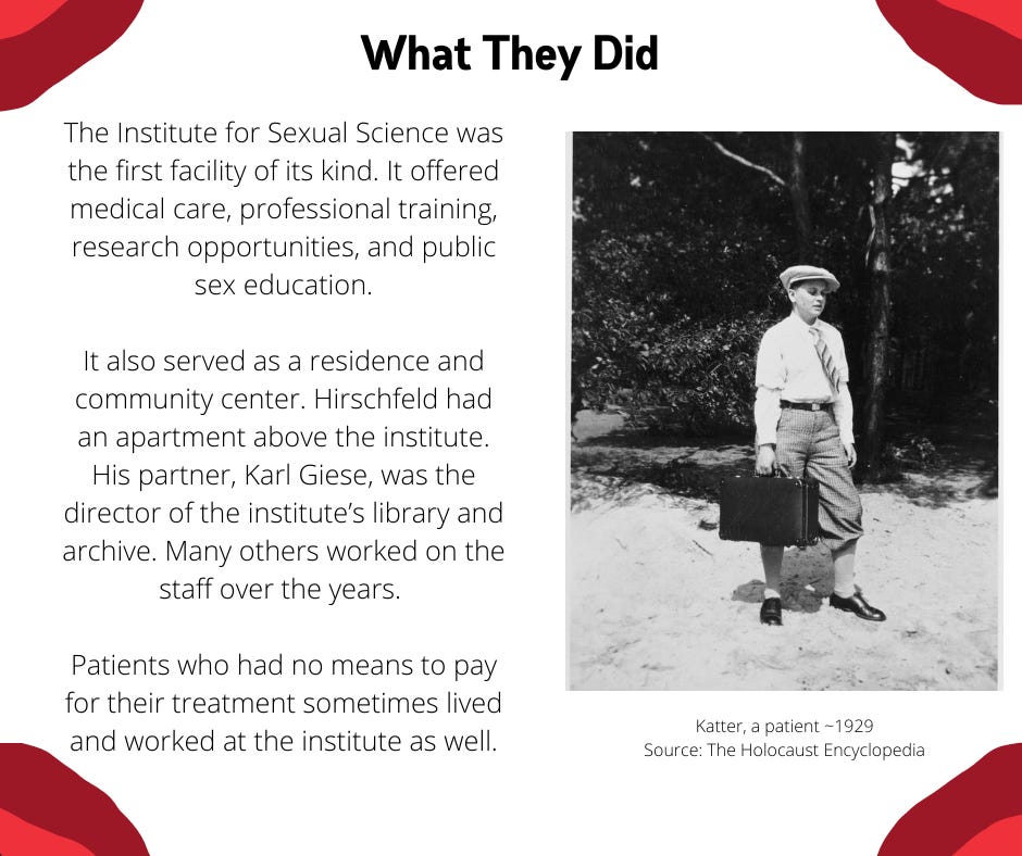 The Institute for Sexual Science was the first facility of its kind. It offered medical care, professional training, research opportunities, and public sex education.  It also served as a residence and community center. Hirschfeld had an apartment above the institute. His partner, Karl Giese, was the director of the institute’s library and archive. Many others worked on the staff over the years.   Patients who had no means to pay for their treatment sometimes lived and worked at the institute as well.