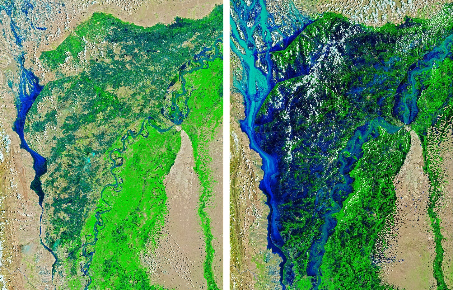 False-colour satellite images comparing flood waters (deep blue) around the Indus River in the Balochistan-Sindh area on August 28, 2022 on the right and on August 4, 2022 on the left (Images: NASA Earth Observatory).