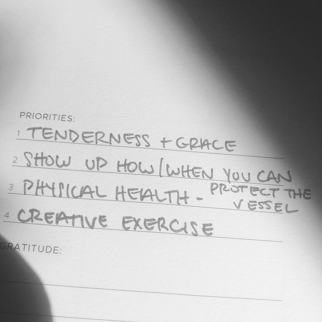 A black and white image of a list, titled Priorities. The items listed underneath include "1. Tenderness & grace. 2. Show up how and when you can. 3. Physical health: protect the vessel. 4. Creative exercise."