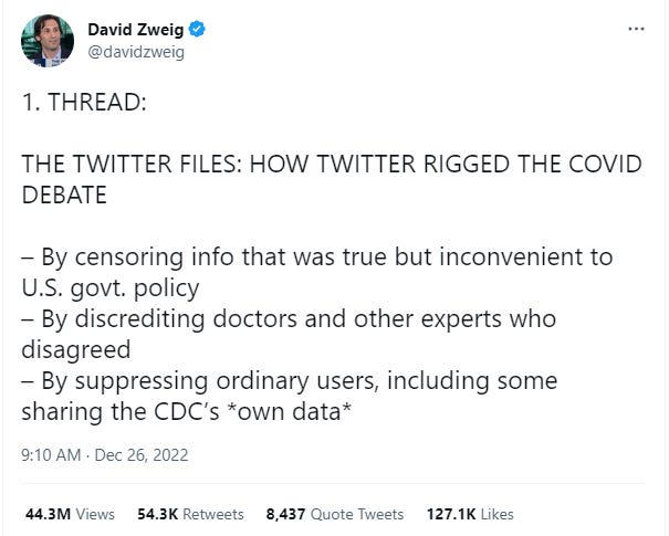First tweet of David Zweig's Covid Twitter Files thread