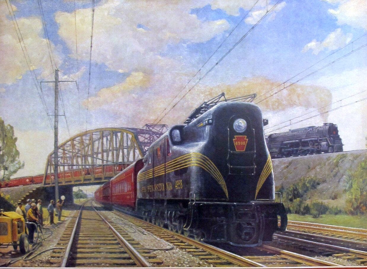 transpress nz: Pennsylvania Railroad art featuring a GG1 electric, 1948
