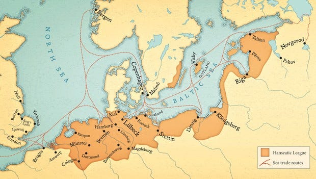 Hansa merchants dominated trade routes, from Russia to England, as our map shows. (Illustration by Paul Hewitt/Battlefield Design)