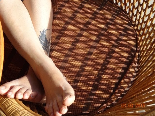 Two feet sunning on a chair. One of the legs has a phoenix tattoo.