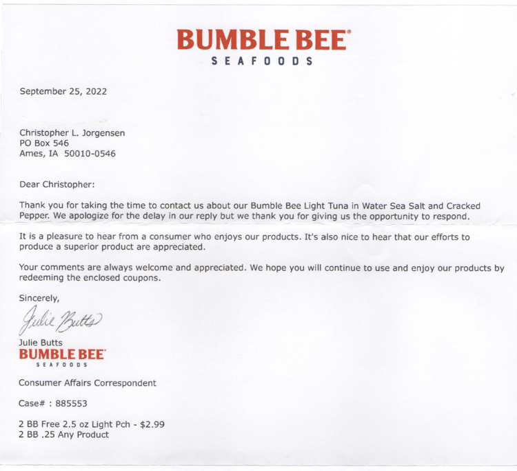 Scan of the letter from Bumble Bee Seafoods. Transcript follows.