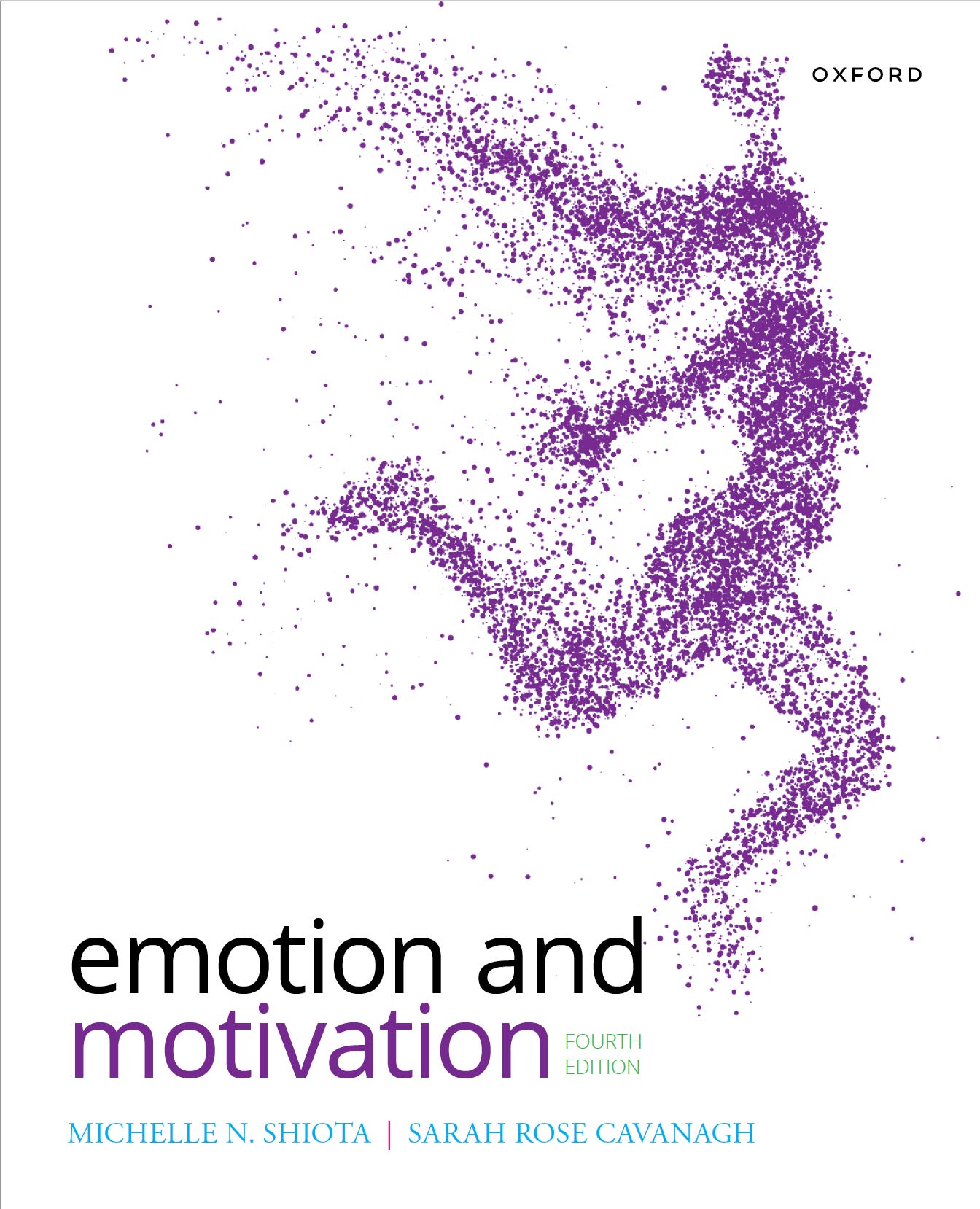 Person made of purple dots leaps in joy off a page - Textbook Emotion & Motivation, Shiota & Cavanagh, 4th edition