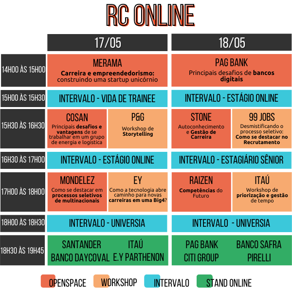 Cronograma de atividades do RC Online para os dias 17 e 18/05.