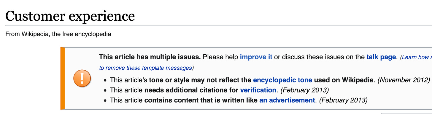 A screenshot of the CX wikipedia article that shows it has multiple issues