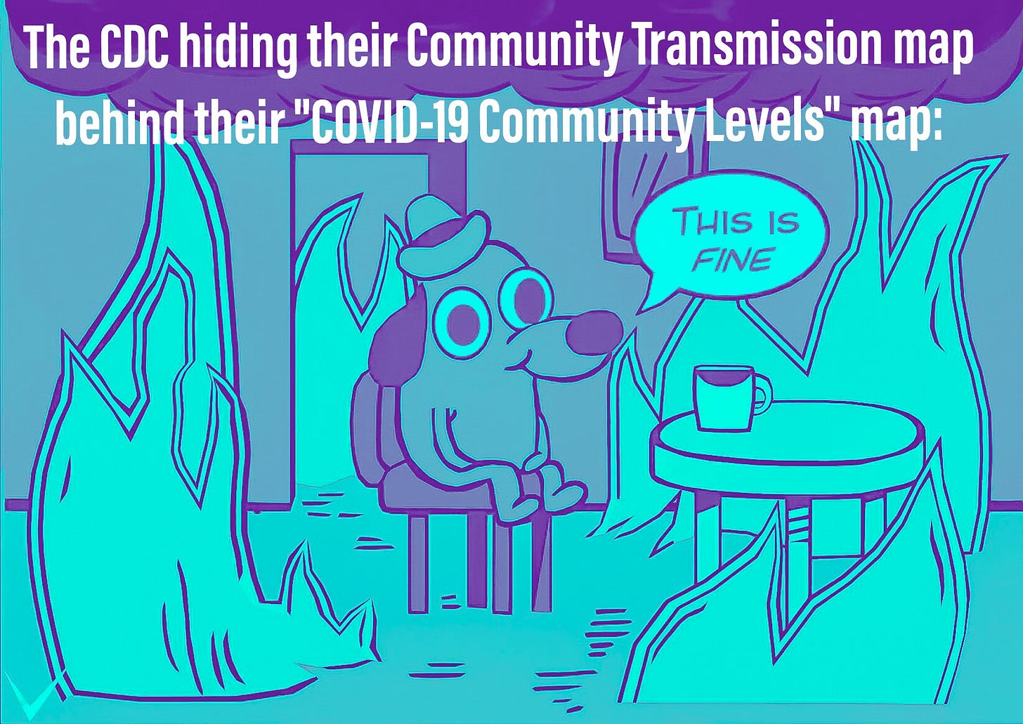  This is fine dog meme overlaid with soothing teal green & labeled with the caption The CDC hiding their Community Transmission map behind their COVID-19 Community Levels map