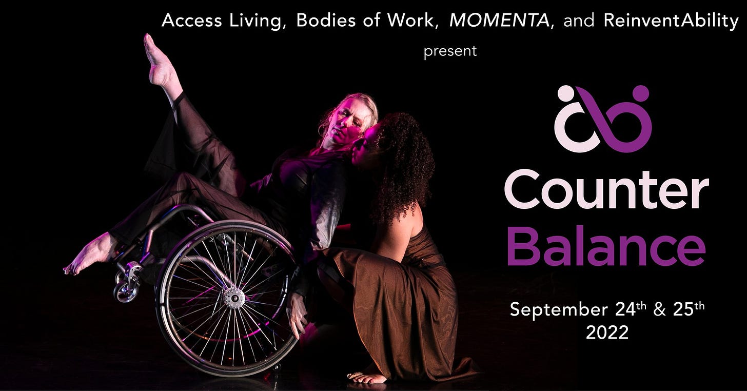 counterbalance promo poster features a dancer in a wheelchair lifting and point their leg in the air while another dancer kneels beside them tipping teh wheelchair back. the text read counterbalnce september 24 and 25th 2022
