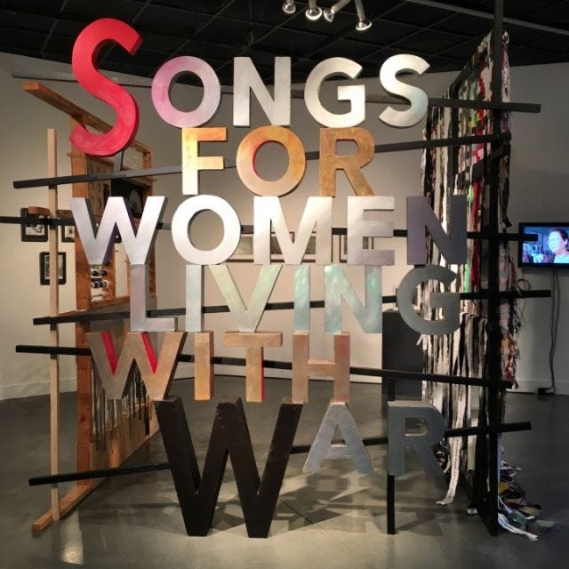 Johanna Poethig “Songs for Women Living With War / Bahay ni Lola” (2016), wood, canvas, capiz, ceramic, photo, sound, 126 x 119 x 101 in. (Photo: Dorothy R. Santos)