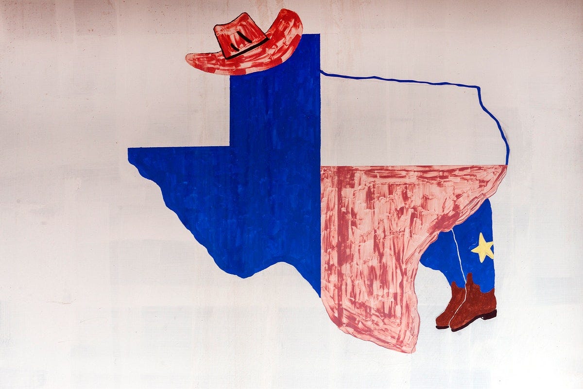 A fanciful map of Texas, depicted on a downtown wall in Pecos, the seat of Reeves County. Original image from Carol M.…