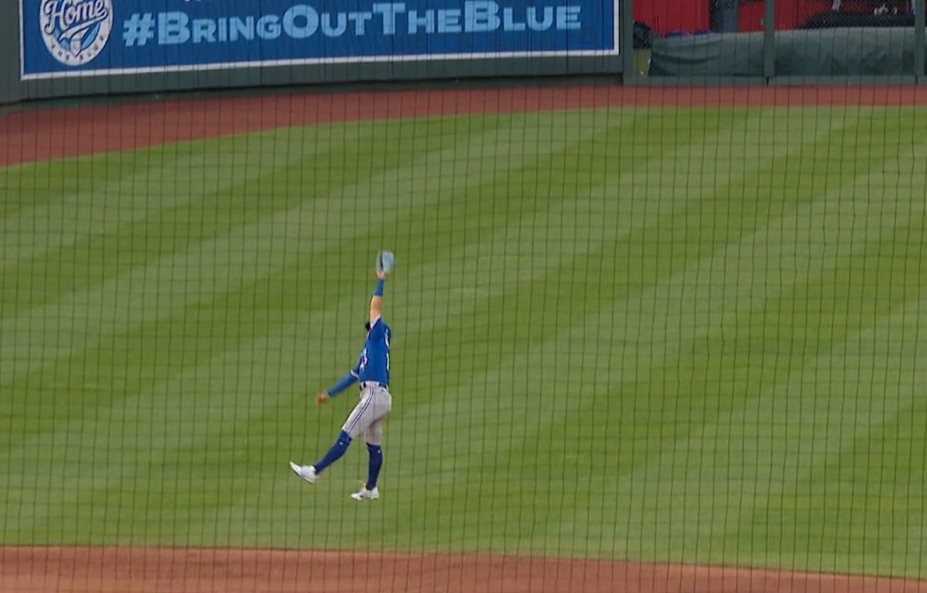 Bo Bichette shows off his vertical as he starts a double play to end the second.