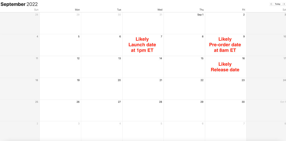 iPhone 14 release date calendar prediction