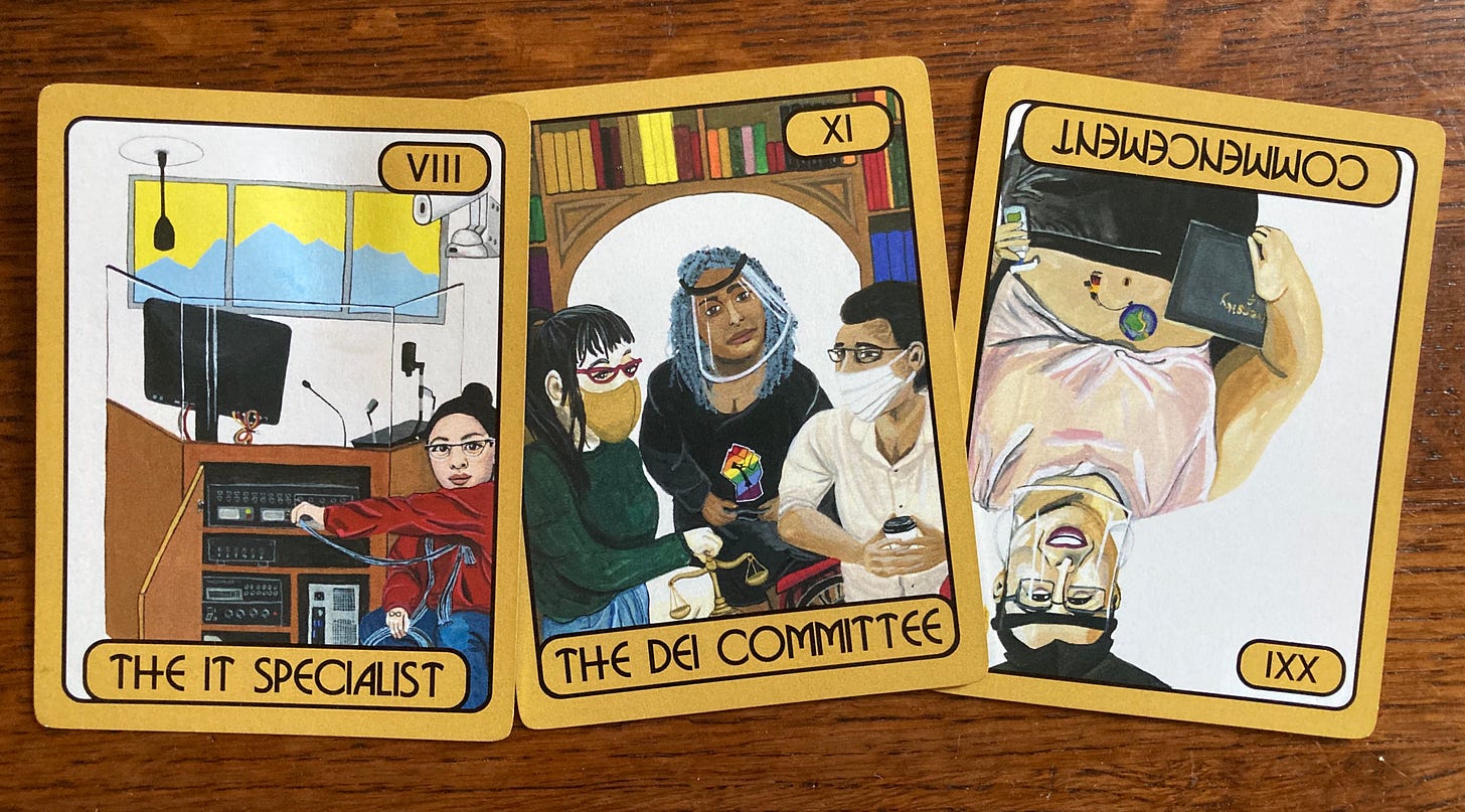 three tarot cards on a wooden surface: The IT Specialist (card VII) shows a woman plugging wires into a virtual learning setup; the DEI Committee shows three librarians holding coffee and the scales of justice (card 11); Commencement reversed is a smiling woman in a graduation cap and a face mask, with a world tattoo. (card 21).