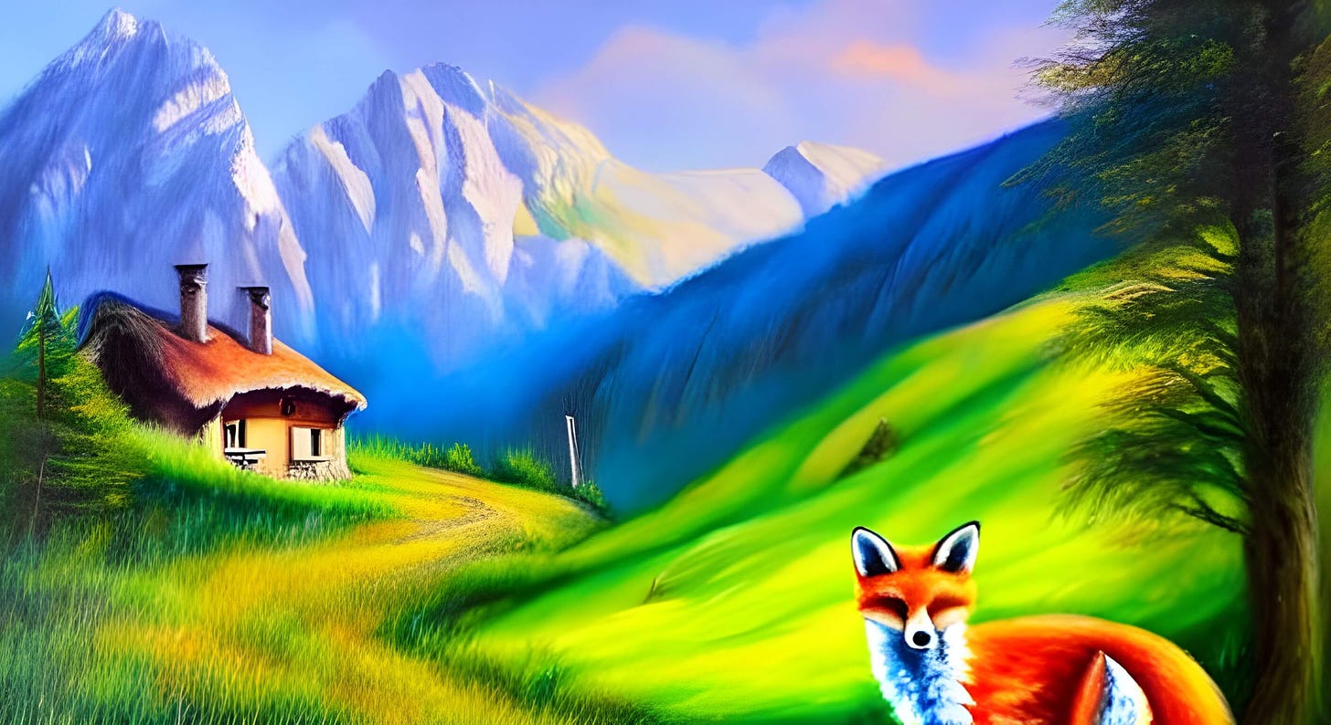 AI-generated painting of a fox running by a forest cottage in the Alps