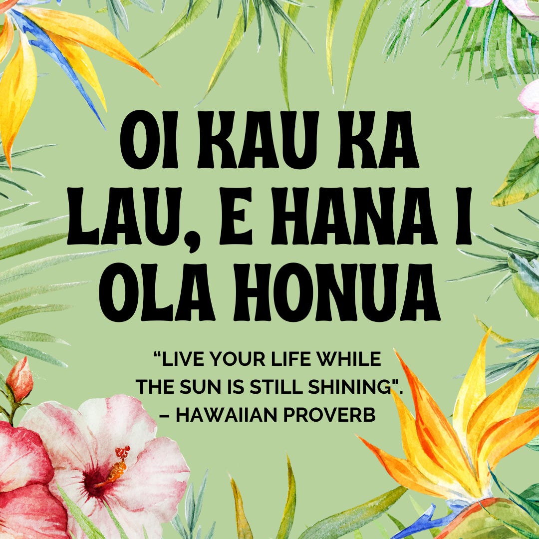 “Live your life while the sun is still shining. / Oi kau ka lau, e hana I ola honua.” – Hawaiian Proverb