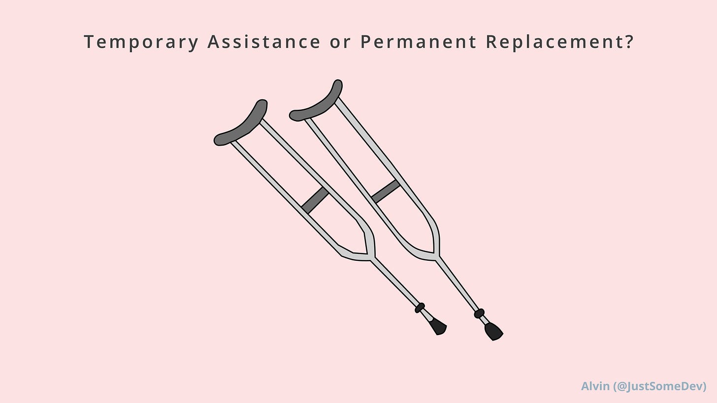A pair of crutches are shown with a titular question: temporary assistance or permanent replacement?