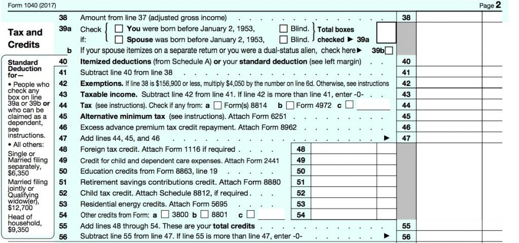 Tax and Credits section of IRS Form 1040, illustrating various tax credits that are available to taxpayers.
