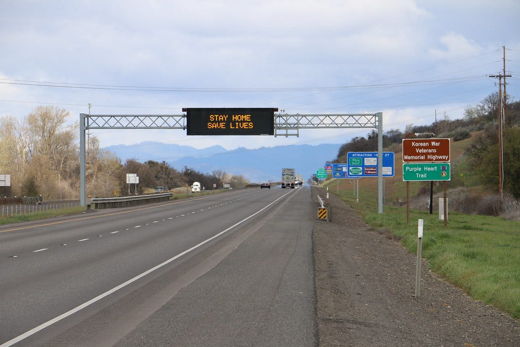 COVID-19 message on I-5 near Medford - April 1, 2020