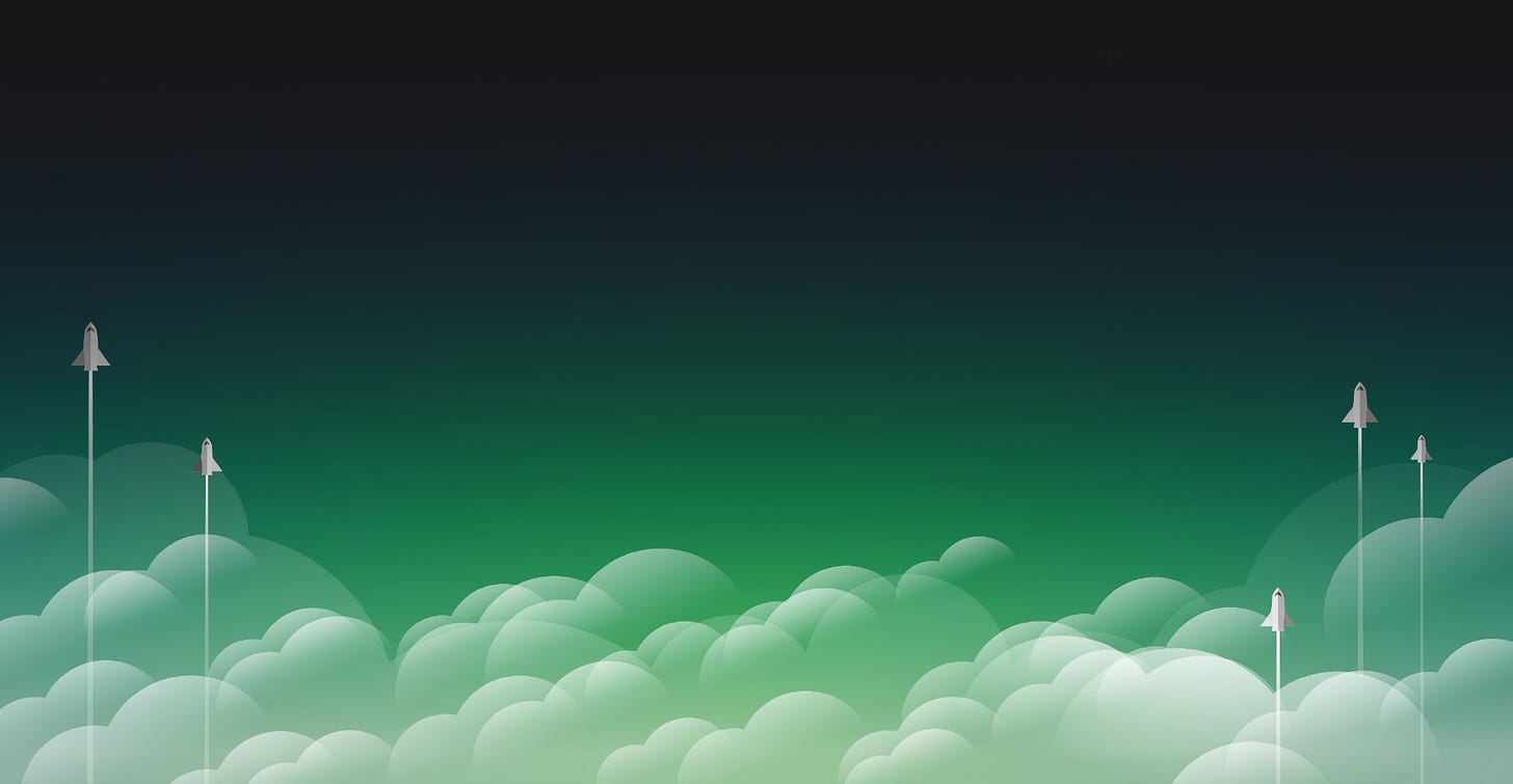 Several rocket ships taking flying skyward through green clouds