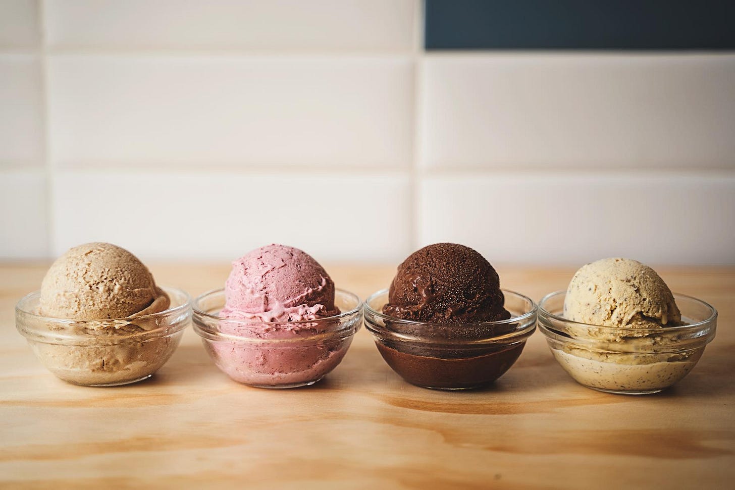 Banana Dates, Strawberry Yoghurt, Chocolate Kale and Vanilla Chia ice cream