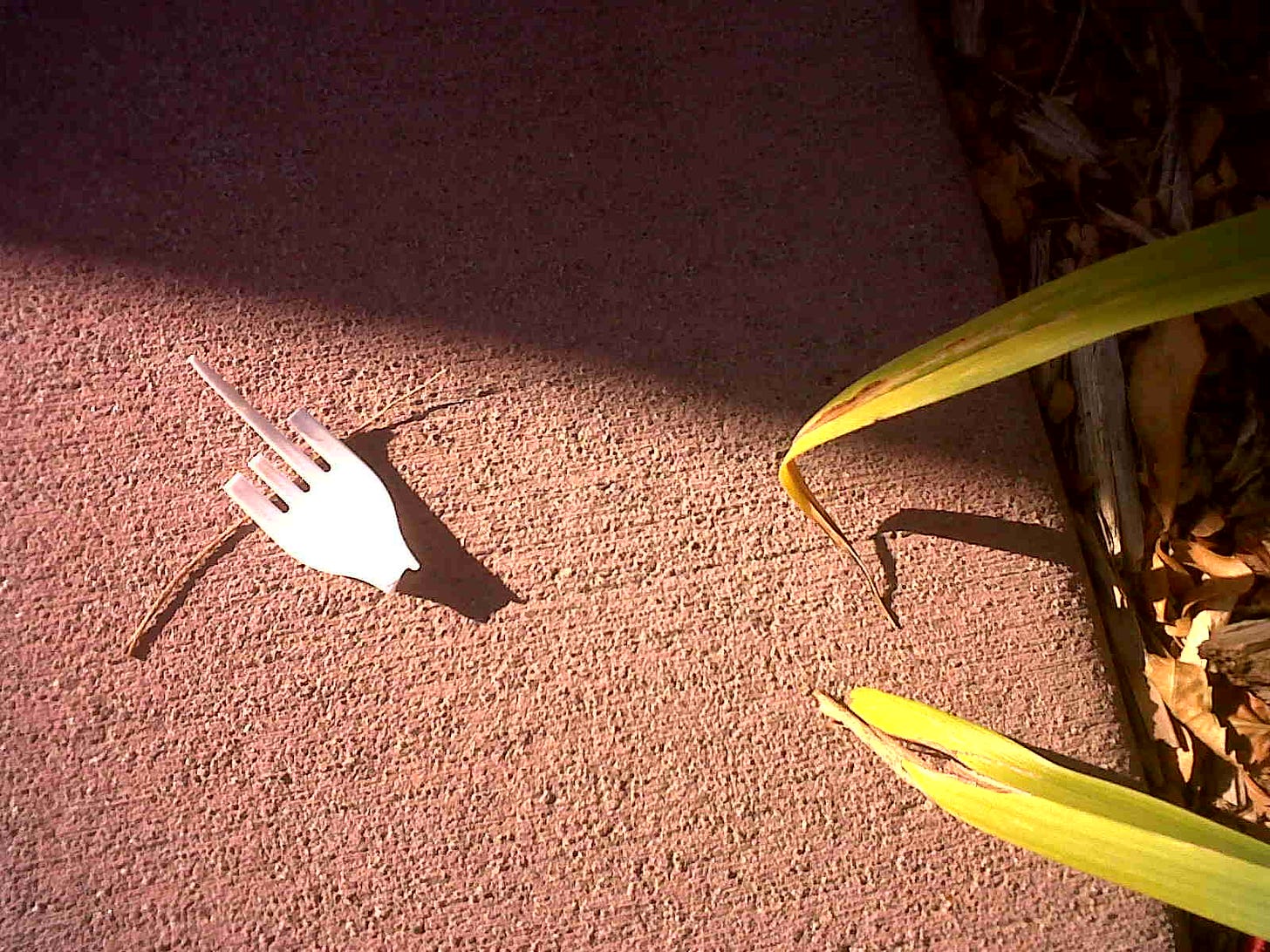 A broken fork without a handle and just one remaining tine, resembling the "middle finger" gesture, bathed in morning sunlight on the concrete sidewalk