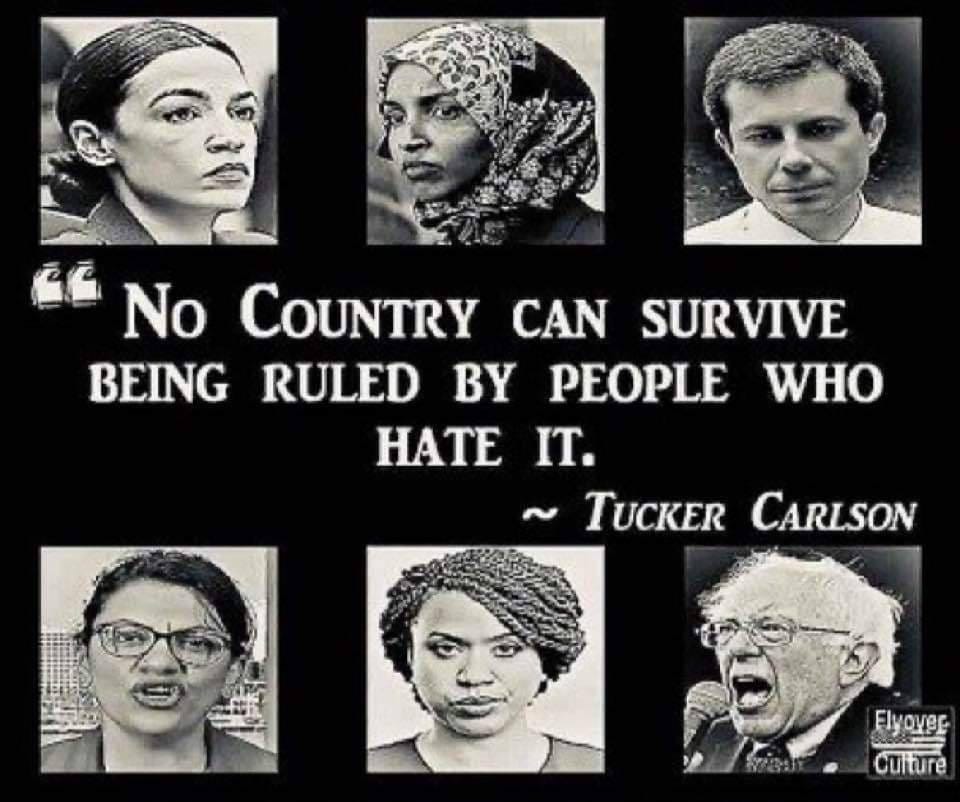 May be a cartoon of 6 people and text that says 'No COUNTRY CAN SURVIVE BEING RULED BY PEOPLE WHO HATE IT. TUCKER CARLSON Flyover Culture'