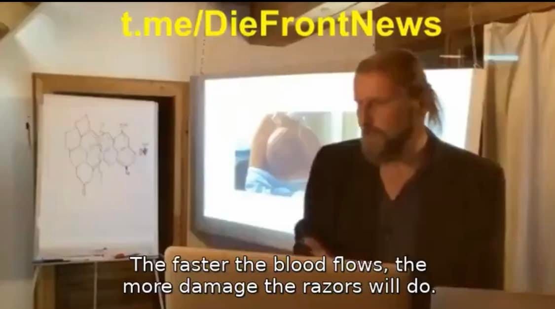 May be an image of 1 person, beard and text that says "t.me/DieFrontNews f”ster the blood flows, Û the more damage the razors will do."