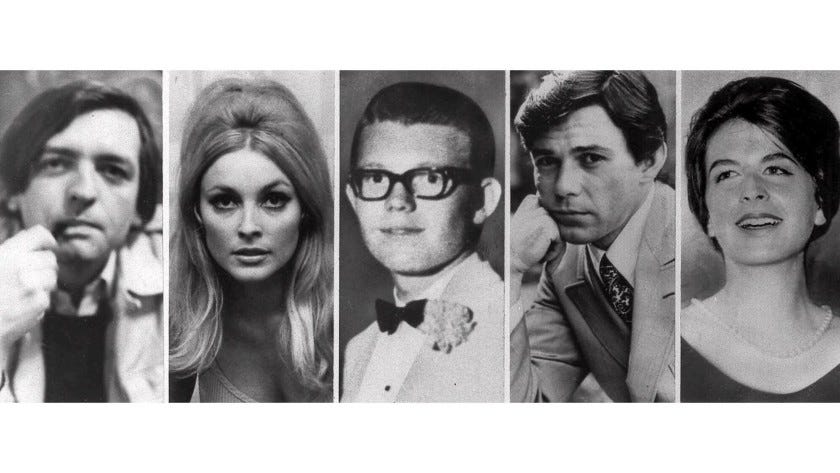 Slain the night of Aug. 9, 1969, at Roman Polanski's Benedict Canyon house were, from left, Voytek Frykowski; Sharon Tate; Stephen Parent, 18, who had been visiting a friend in the guest house and was found slain in his car; famed hairstylist Jay Sebring, 35; and Abigail Folger.