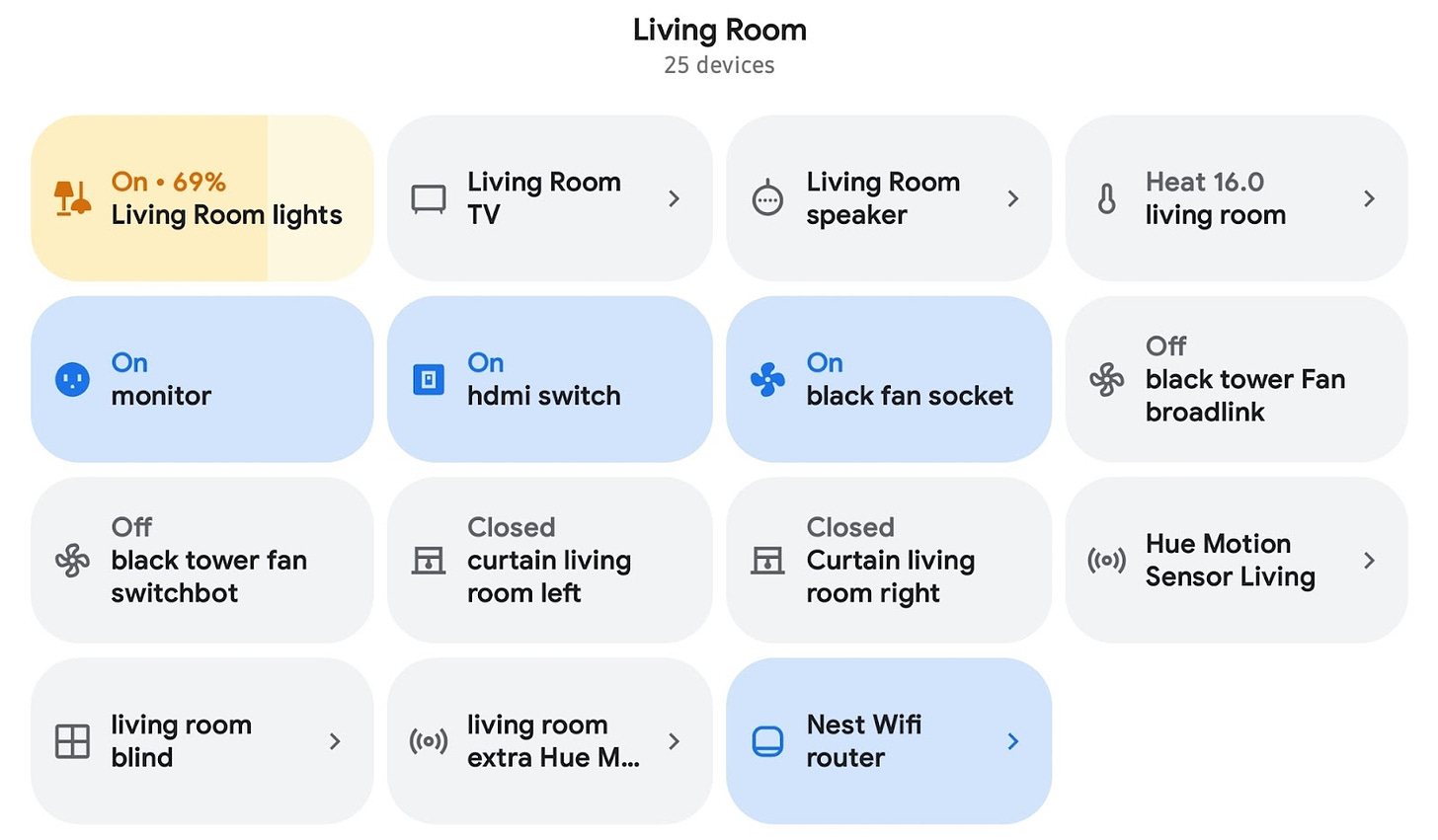 image of a smart home app showing different controls for living room