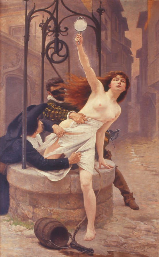 La verdad saliendo del pozo, cuadro de Édouard Debat-Ponsan (1898), los personajes que no quieren que la verdad escape del pozo son un clérigo y un noble enmascarado.