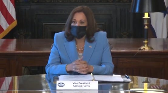 The vice president of the United States, Kamala Harris, sits at the head of the table as she addresses disability advocates