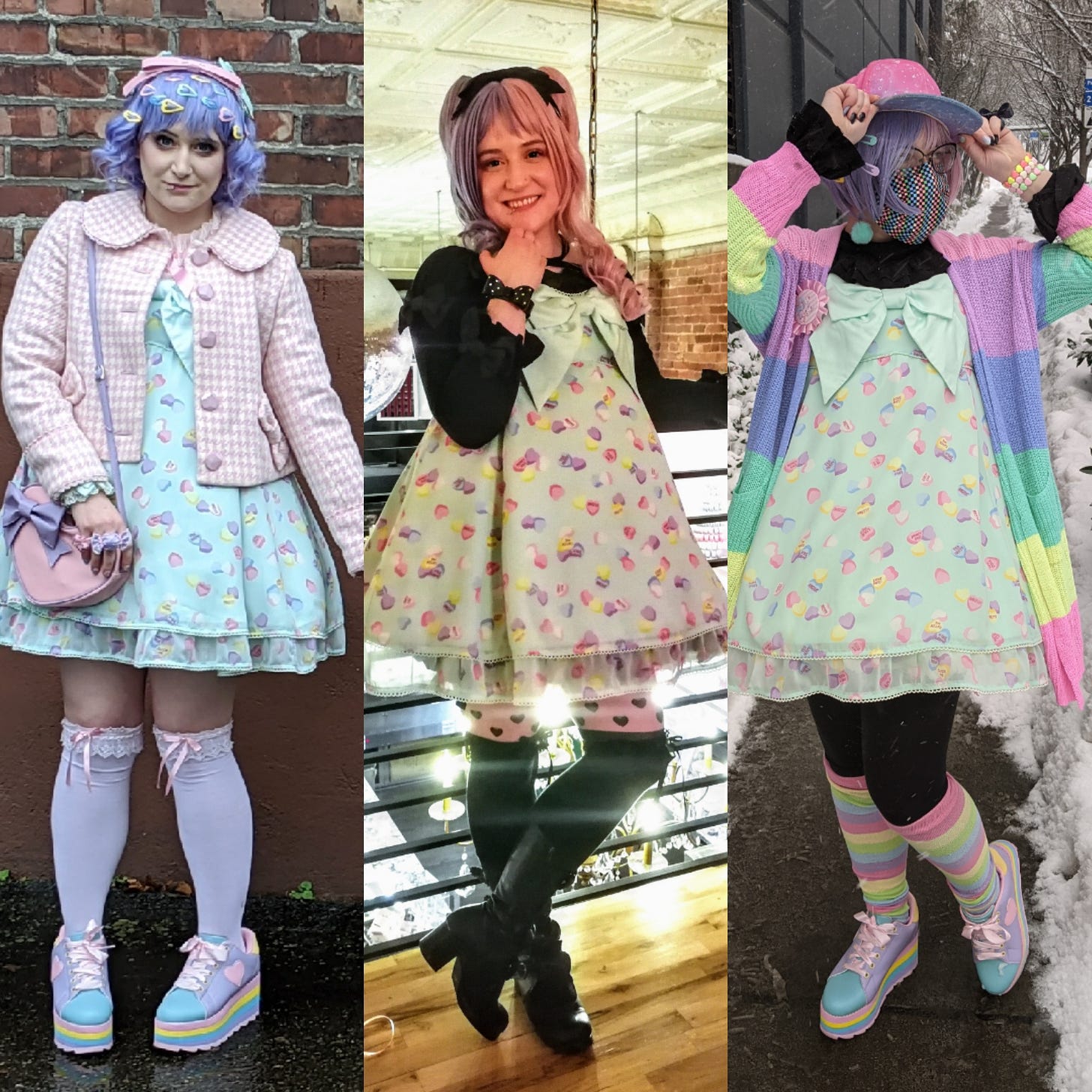 Nif (a white woman with brown/blonde hair) shown three times wearing different coordinates with Angelic Pretty's Sugar Hearts JSK in mint. The first picture is meant to evoke 2010-era sweet coordinates. The second picture, Nif coordinated the dress with all black pieces. In the third picture, Nif is wearing black and pastel rainbow pieces with the dress. 