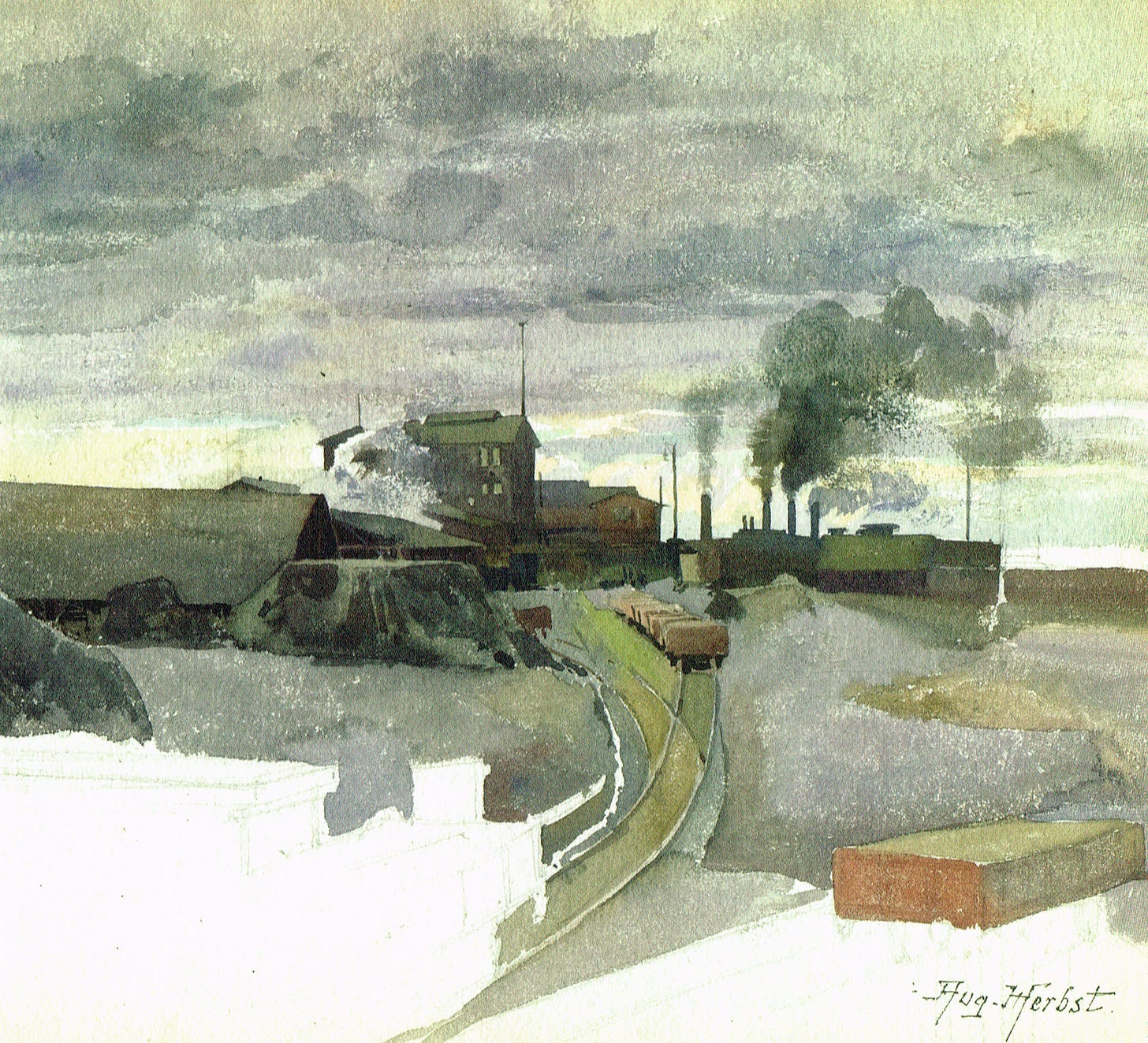 Auguste Herbst, Industrial landscape, undated watercolour (© Hervé Donat 2015). The factory looks closely to the Solvay one in Dombasle, as depicted on the La Soude vase, from a Herbst composition.
